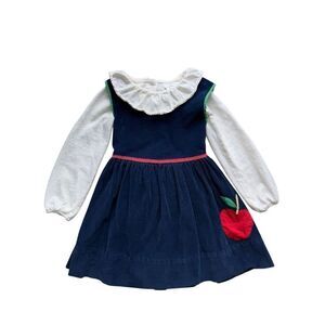 Vintage Back To School Blue Corduroy Jumper Dress With Collared Shirt Size 4T